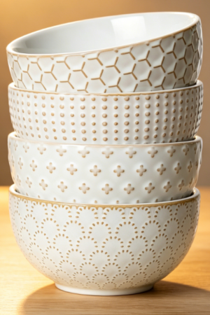 26oz Embossed Ceramic Soup Bowls (4-Piece Set) – 6-inch Arctic White, suitable for rice noodles/salads/pasta, housewarming kitchen bowls